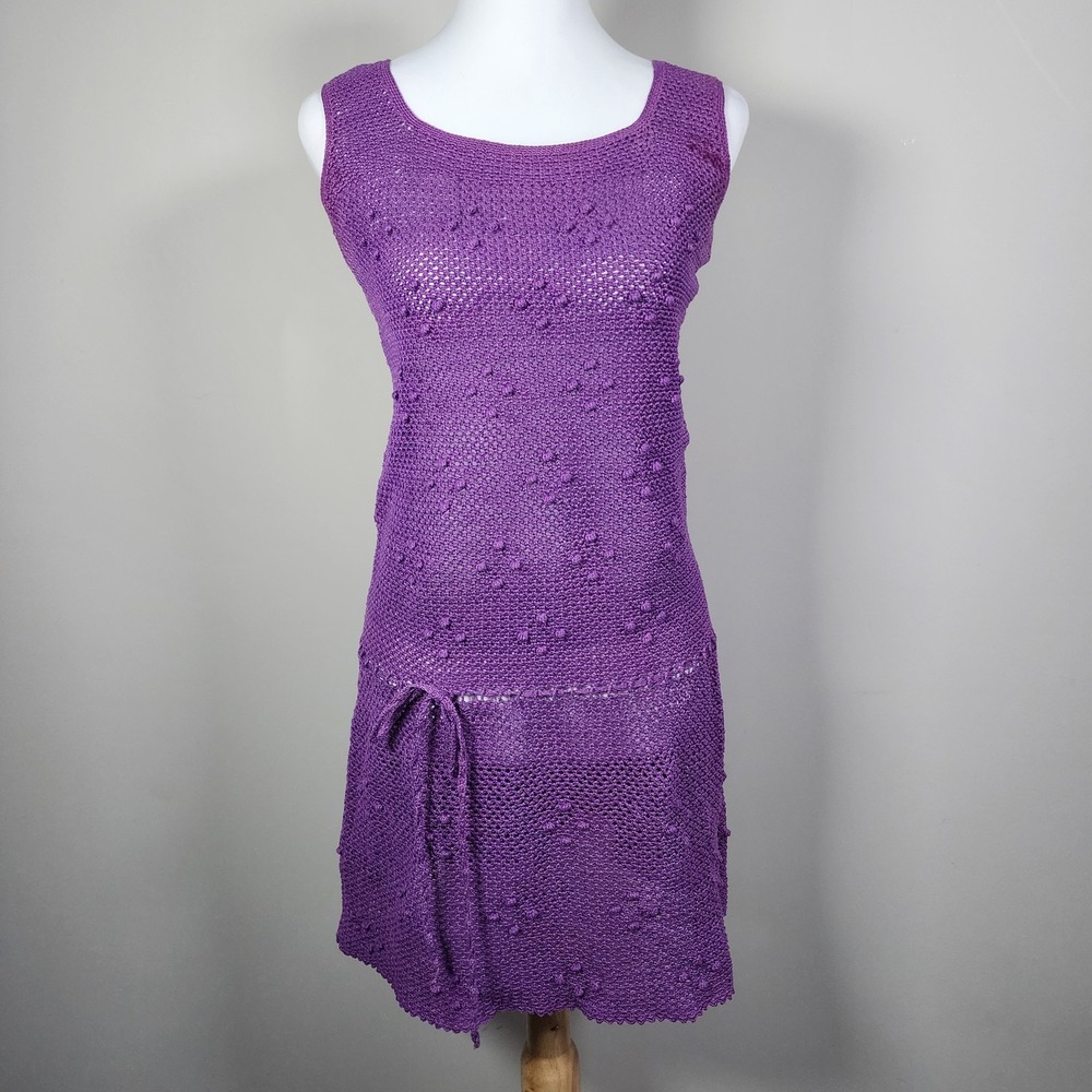 Crochet Dress Drawstring Waist Purple Cover Up Dress Vintage Womens Small **READ